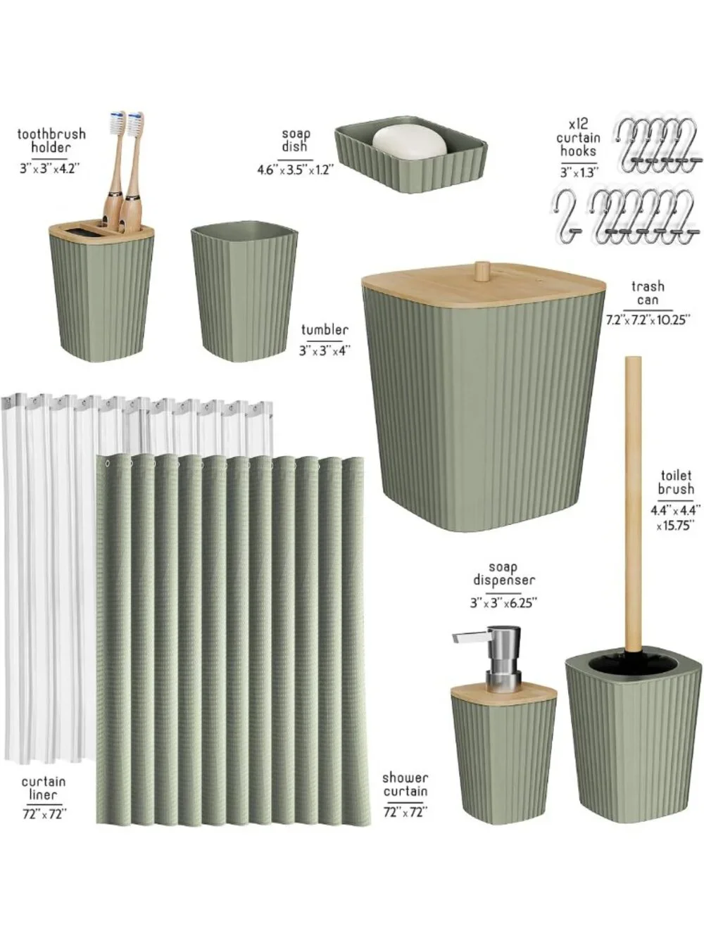 Sage Green 20PC Bathroom Accessories Set - Shower Curtain, Soap Dispenser & More